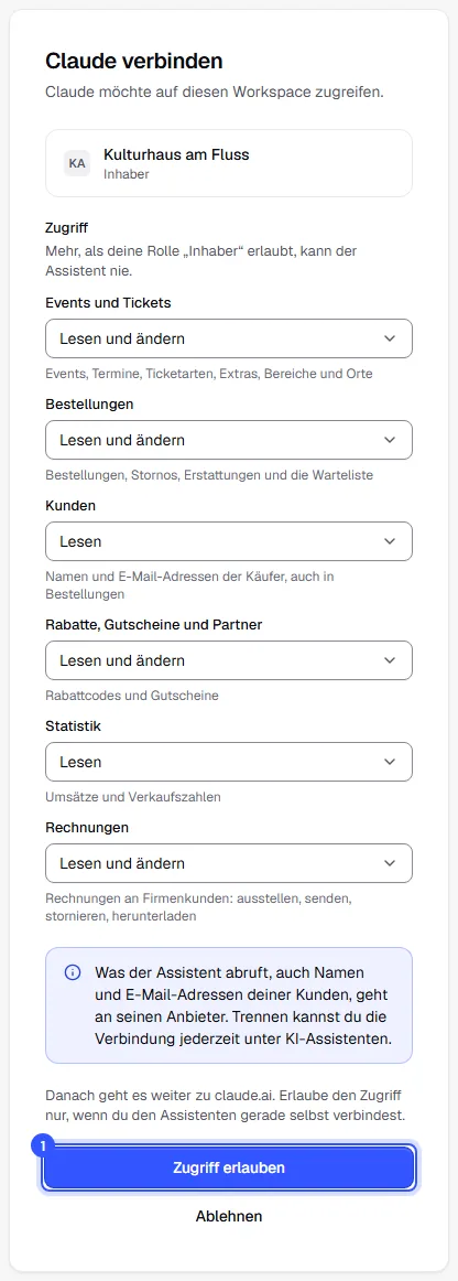 Seite Claude verbinden mit dem gewählten Workspace, dem Zugriff pro Bereich, dem Hinweis zu den Daten und dem Knopf Zugriff erlauben