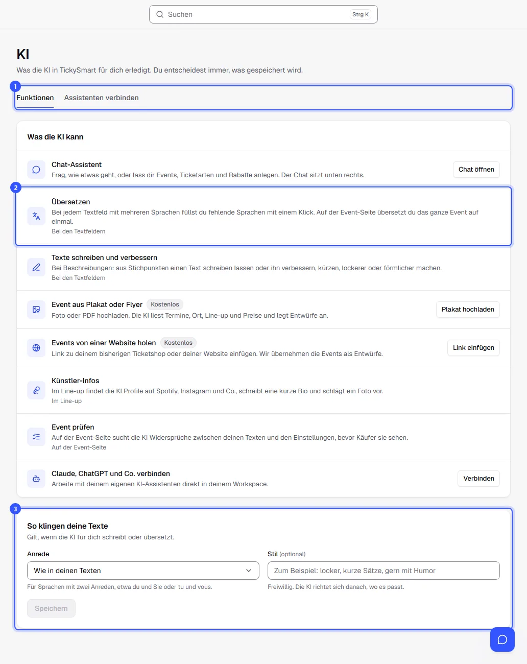 Seite KI mit den Tabs Funktionen und Assistenten verbinden, der Liste der Funktionen und dem Abschnitt So klingen deine Texte