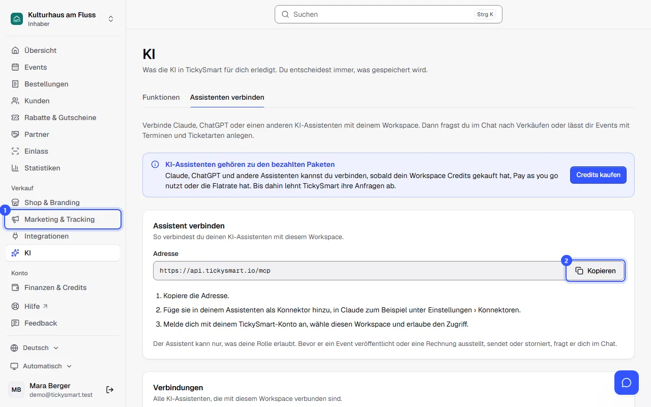 Seite KI-Assistenten mit dem Menüpunkt in der Seitenleiste, der Adresse zum Kopieren und der Anleitung in drei Schritten