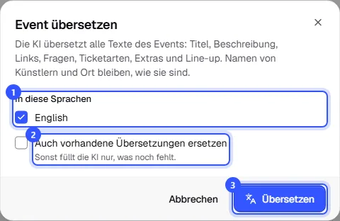 Dialog Event übersetzen mit der Sprache Englisch, dem Haken für vorhandene Übersetzungen und dem Knopf Übersetzen