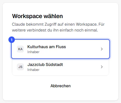Seite Workspace wählen mit den Workspaces Kulturhaus am Fluss und Jazzclub Südstadt
