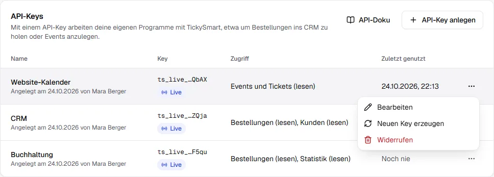 Geöffnetes Menü eines API-Keys mit Bearbeiten, Neuen Key erzeugen und Widerrufen