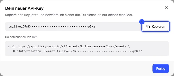 Dialog Dein neuer API-Key mit dem verdeckten Key, dem Knopf Kopieren und einem Beispielaufruf mit curl
