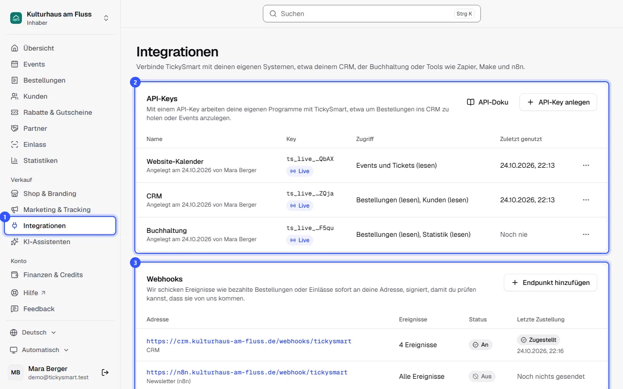 Seite Integrationen mit dem Menüpunkt in der Seitenleiste, der Karte API-Keys mit drei Keys und der Karte Webhooks mit zwei Endpunkten