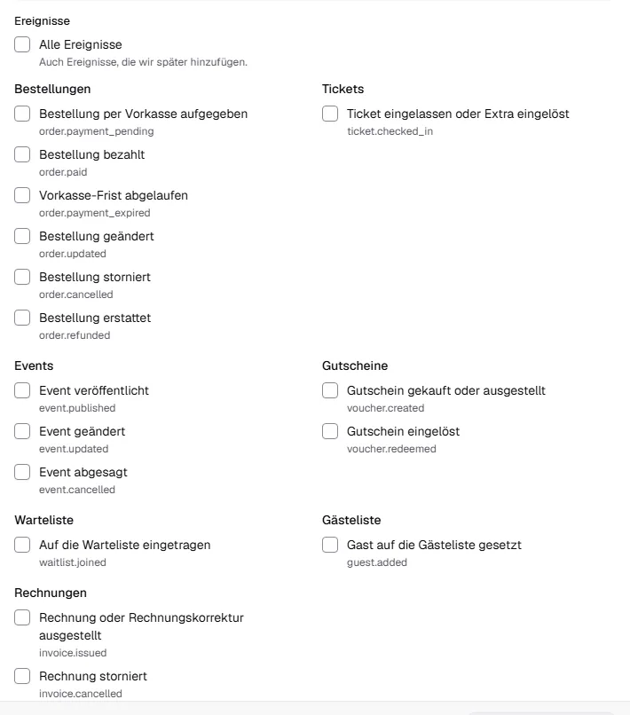 Auswahl der Ereignisse nach Bereichen: Bestellungen, Tickets, Events, Gutscheine, Warteliste und Gästeliste, jeweils mit Typ