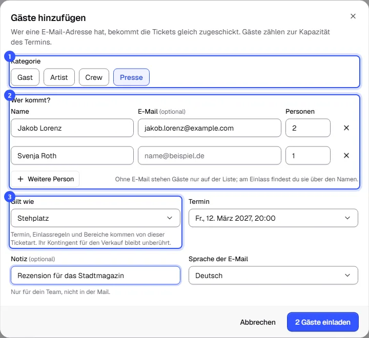 Dialog Gäste hinzufügen mit der Kategorie Presse, zwei Personen, der Ticketart Stehplatz, dem Termin und einer Notiz