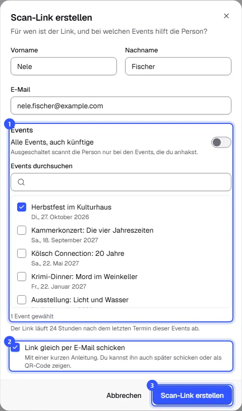 Dialog Scan-Link erstellen mit Vorname Nele, Nachname Fischer, ihrer E-Mail-Adresse, dem angehakten Herbstfest im Kulturhaus und dem Haken Link gleich per E-Mail schicken