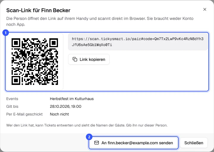 Dialog Scan-Link für Finn Becker mit QR-Code, Link kopieren, den Angaben zu Events, Gilt bis und Per E-Mail geschickt und dem Knopf An finn.becker@example.com senden
