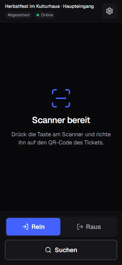Scan-App im Modus für Handscanner: Bereit zum Scannen, darunter Rein, Raus und Suchen