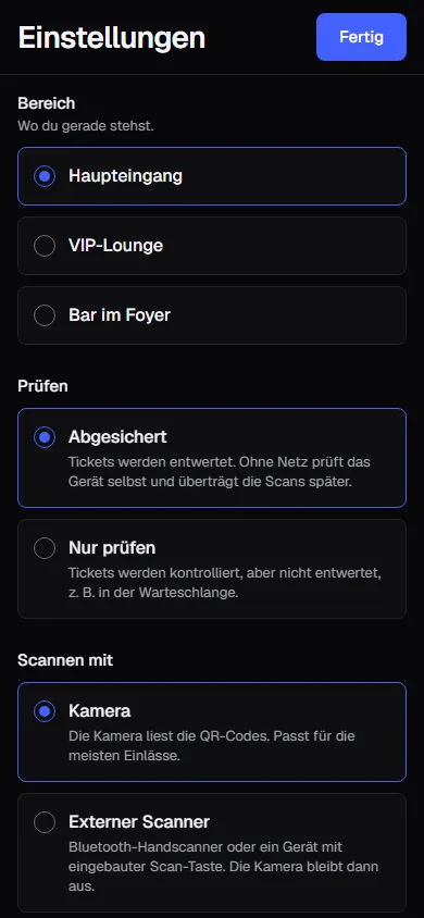 Einstellungen der Scan-App mit Bereich Haupteingang, Prüfen Abgesichert oder Nur prüfen, Scannen mit Kamera oder Handscanner und Ton beim Scannen