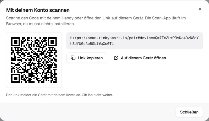 Dialog Mit deinem Konto scannen mit QR-Code, Link, Link kopieren und Auf diesem Gerät öffnen