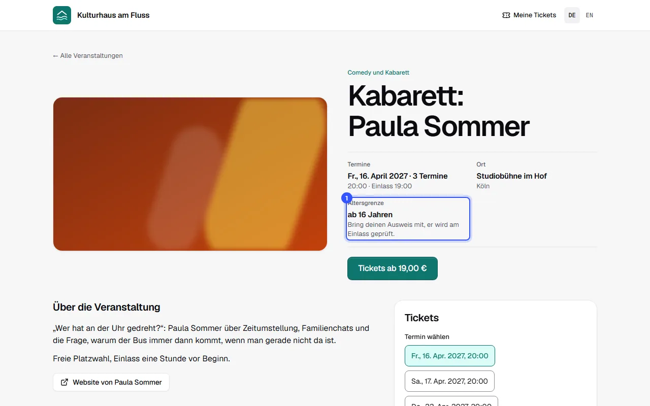 Event-Seite im Shop mit der Kategorie, dem Titel, den Terminen, dem Ort und der Angabe Altersgrenze ab 16 Jahren