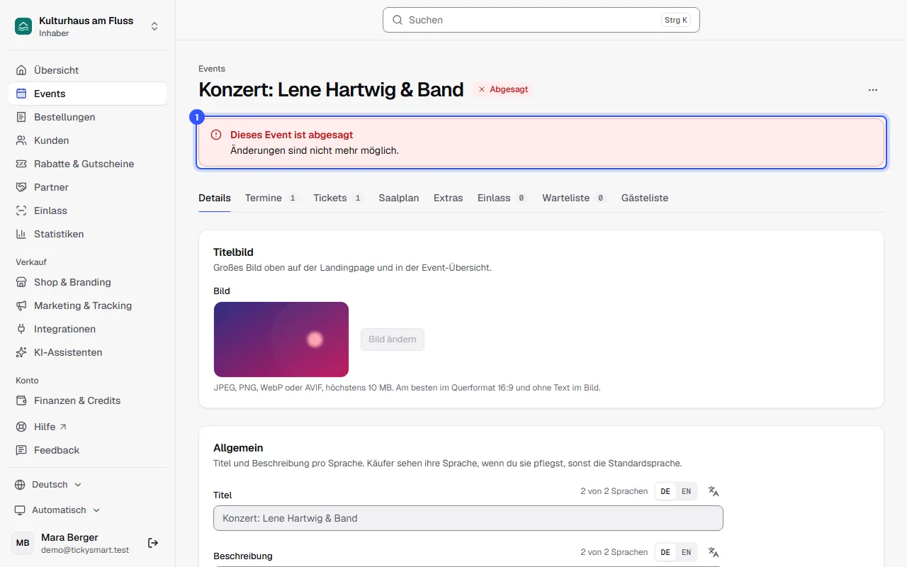 Abgesagtes Konzert im Dashboard mit dem Status Abgesagt und dem Hinweis Dieses Event ist abgesagt, Änderungen sind nicht mehr möglich