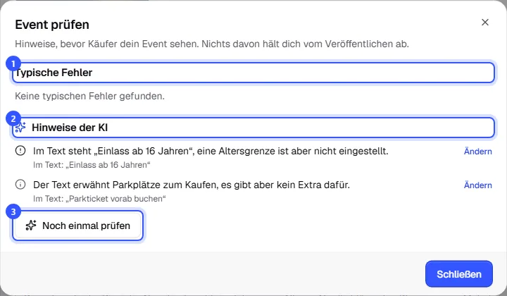 Dialog Event prüfen mit typischen Fehlern oben und zwei Hinweisen der KI unten, jeweils mit Zitat aus dem Text und dem Link Ändern