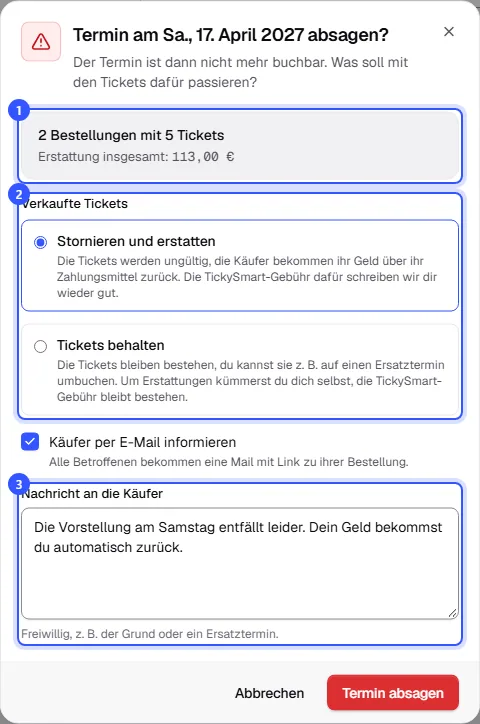 Dialog zum Absagen eines Termins mit zwei betroffenen Bestellungen und dem Erstattungsbetrag, der Wahl zwischen Stornieren und erstatten oder Tickets behalten und einer Nachricht an die Käufer