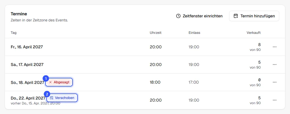Terminliste eines Kabaretts mit einem abgesagten Termin am Sonntag und einem verschobenen Termin, darunter der ursprüngliche Beginn
