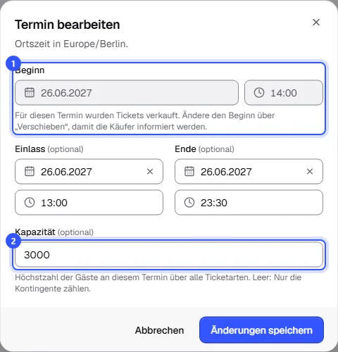 Dialog Termin bearbeiten mit gesperrtem Beginn und dem Hinweis auf Verschieben, darunter Einlass, Ende und Kapazität