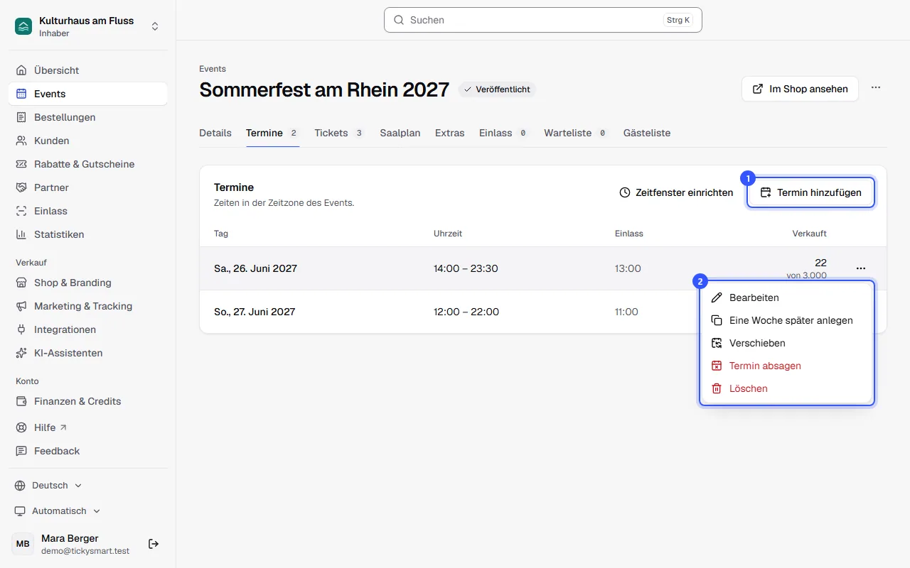 Bereich Termine eines Festivals mit zwei Tagen, Uhrzeit, Einlass und verkauften Tickets, daneben das geöffnete Menü mit Bearbeiten, Eine Woche später anlegen, Verschieben, Termin absagen und Löschen