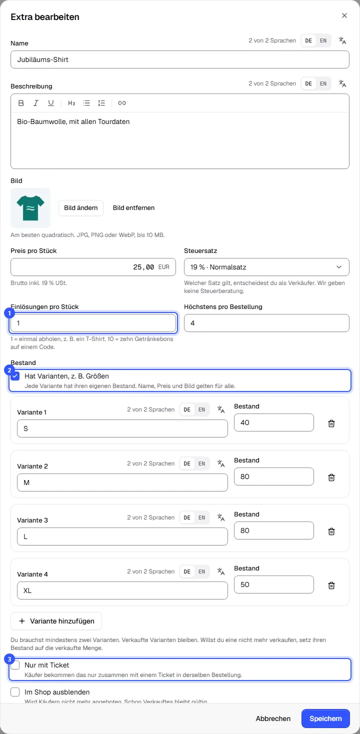 Dialog Extra bearbeiten für ein T-Shirt mit Preis, Steuersatz, Einlösungen pro Stück, den Varianten S bis XL mit Bestand und den Häkchen Nur mit Ticket und Im Shop ausblenden