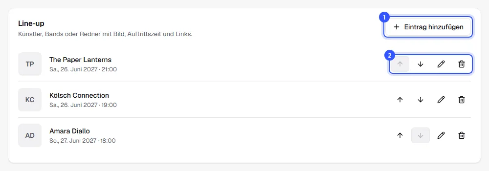 Abschnitt Line-up mit drei Bands, ihren Auftrittszeiten und je Zeile den Knöpfen nach oben, nach unten, bearbeiten und entfernen
