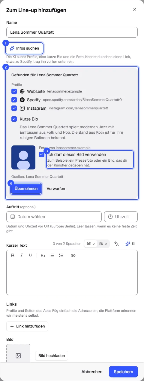 Dialog Zum Line-up hinzufügen mit dem Knopf Infos suchen und dem Ergebnis: drei Profile, eine kurze Bio, ein Foto mit dem Haken Ich darf dieses Bild verwenden und der Knopf Übernehmen