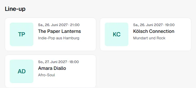 Line-up im Shop mit drei Karten, jeweils mit Initialen, Tag und Uhrzeit, Name und kurzem Text