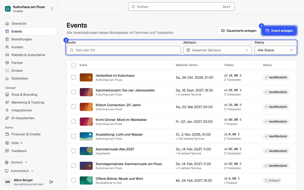Event-Liste mit Suche, Zeitraum und Status über der Tabelle, darunter Events mit Titelbild, nächstem Termin, Preis ab und Status