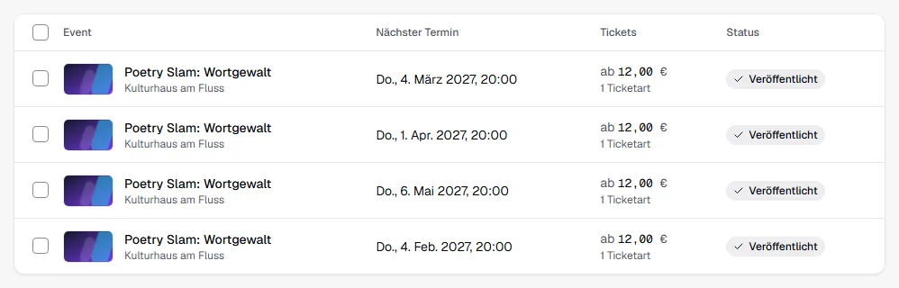 Event-Liste gefiltert auf Poetry Slam mit vier Events gleichen Titels an verschiedenen Donnerstagen