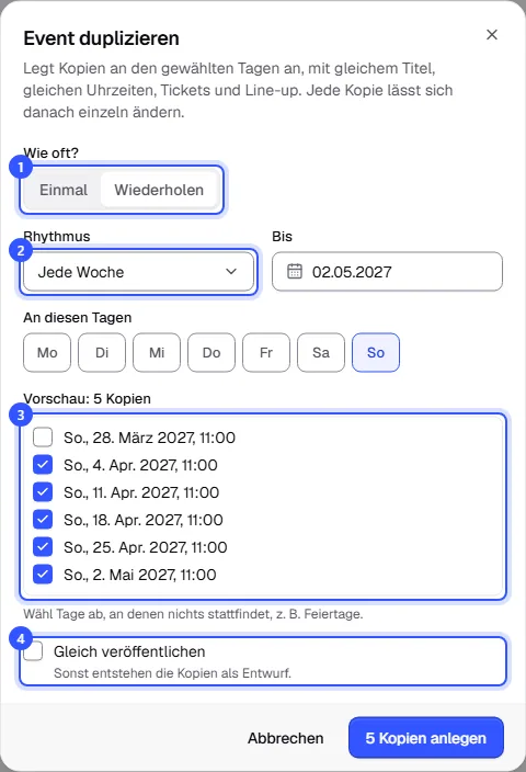 Dialog im Modus Wiederholen mit Rhythmus Jede Woche bis 02.05.2027 am Sonntag und einer Vorschau mit sechs Sonntagen, von denen Ostersonntag abgewählt ist