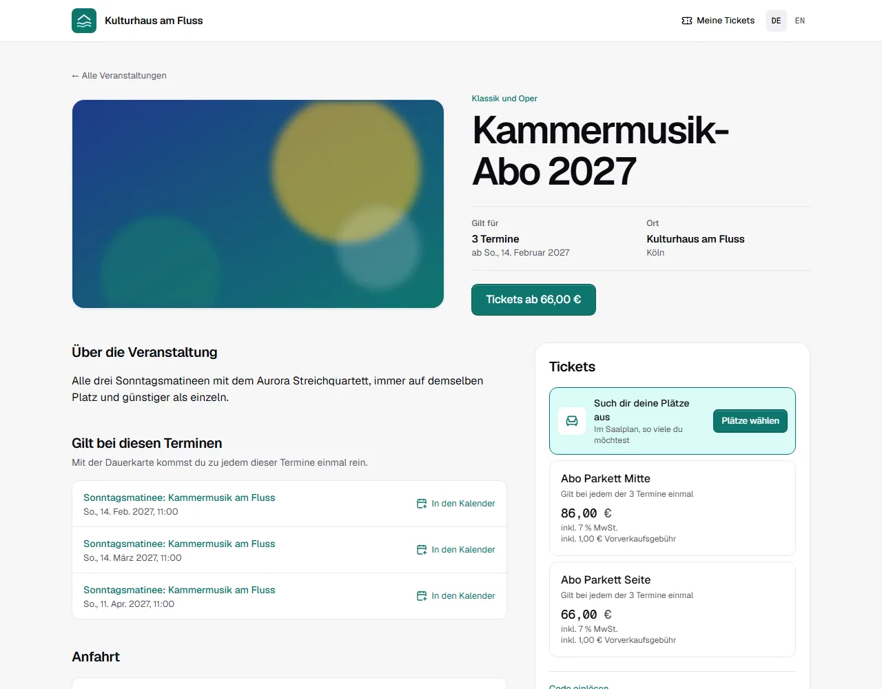 Dauerkarte im Shop mit Gilt für 3 Termine, der Liste der Matineen und den Ticketarten Abo Parkett Mitte und Abo Parkett Seite