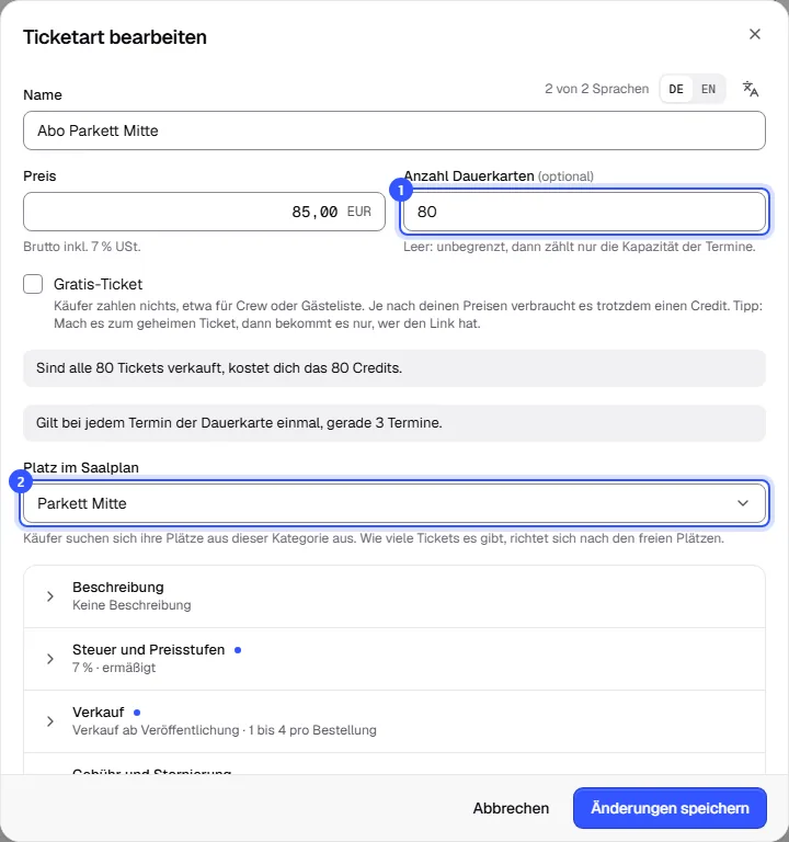 Dialog einer Ticketart der Dauerkarte mit Anzahl Dauerkarten, dem Hinweis, dass sie bei jedem Termin einmal gilt, und dem Platz im Saalplan