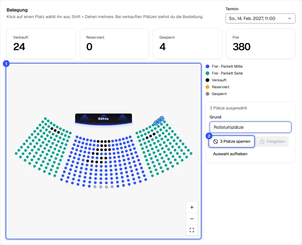 Belegung der Matinee am 14. Februar mit Zahlen für verkauft, reserviert, gesperrt und frei, dem Plan mit verkauften und gesperrten Plätzen und drei ausgewählten Plätzen rechts zum Sperren