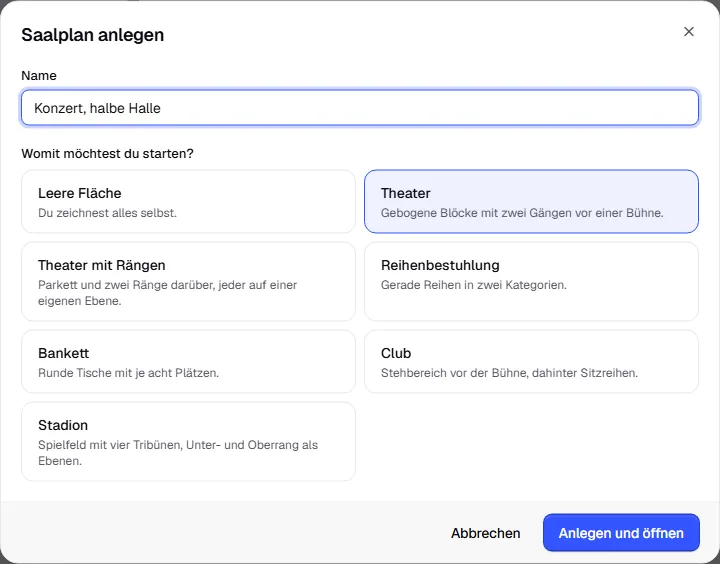 Dialog Saalplan anlegen mit Name und den Vorlagen Leere Fläche, Theater, Theater mit Rängen, Reihenbestuhlung, Bankett, Club und Stadion