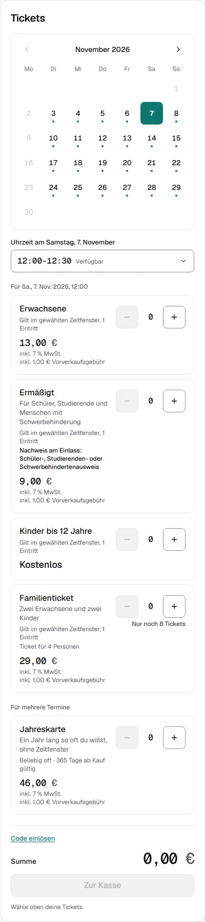 Ticketauswahl im Shop mit Kalender, gewähltem Tag, Auswahl der Uhrzeit und den Ticketarten
