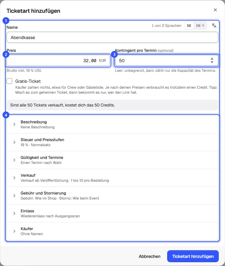 Dialog Ticketart hinzufügen mit Name, Preis, Kontingent pro Termin, Gratis-Ticket und den eingeklappten Abschnitten Beschreibung bis Käufer