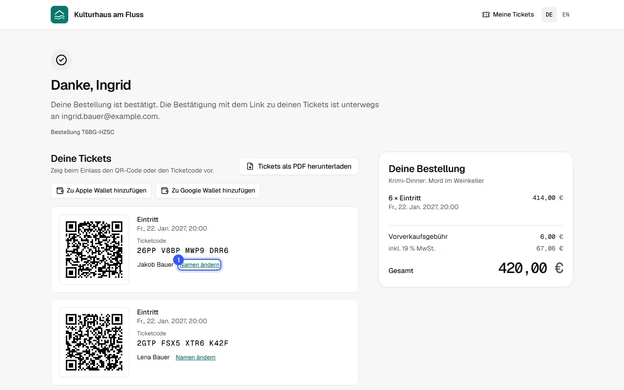 Bestellseite im Shop mit den Tickets und den Namen darauf, daneben jeweils Namen ändern