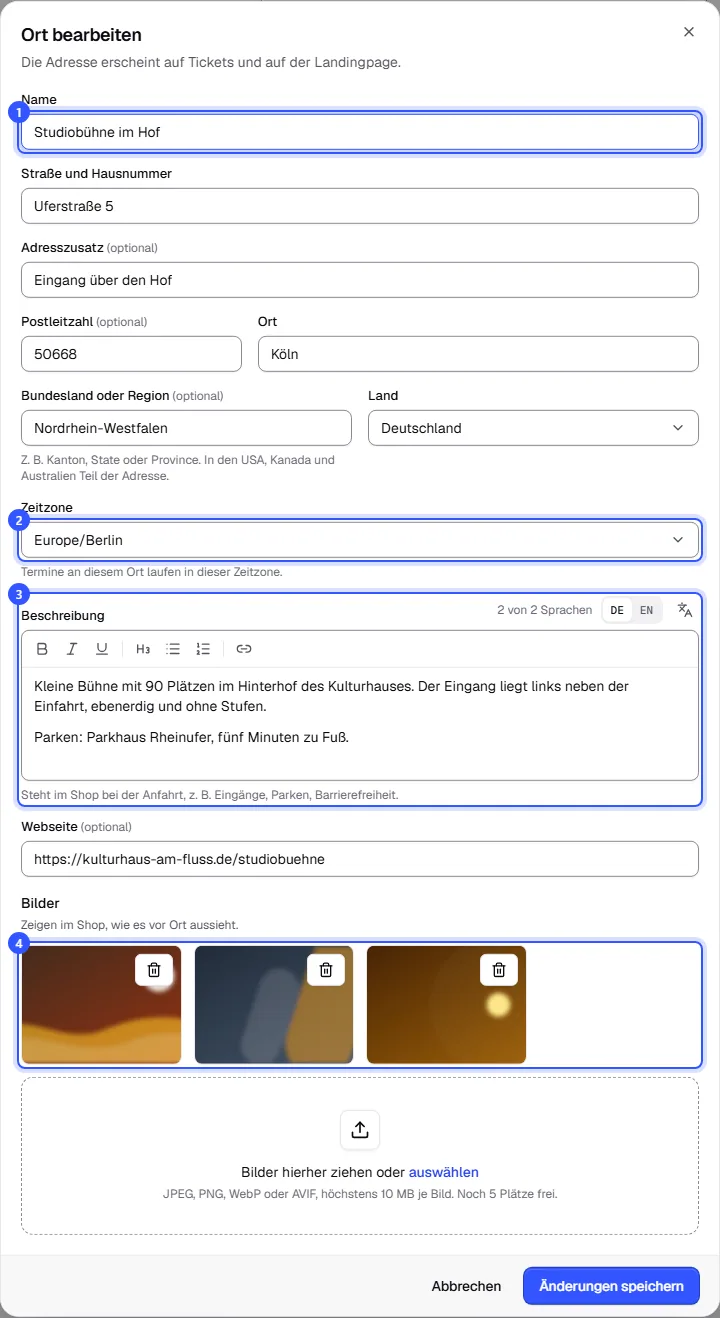 Dialog Ort bearbeiten mit Name, Adresse, Land, Zeitzone, Beschreibung, Webseite und drei Bildern
