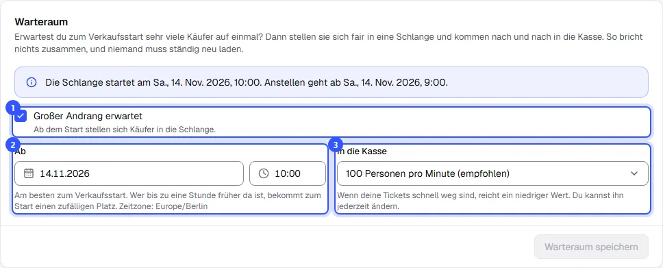 Karte Warteraum mit dem Hinweis, wann die Schlange startet, dem Häkchen Großer Andrang erwartet, dem Start und dem Tempo 100 Personen pro Minute