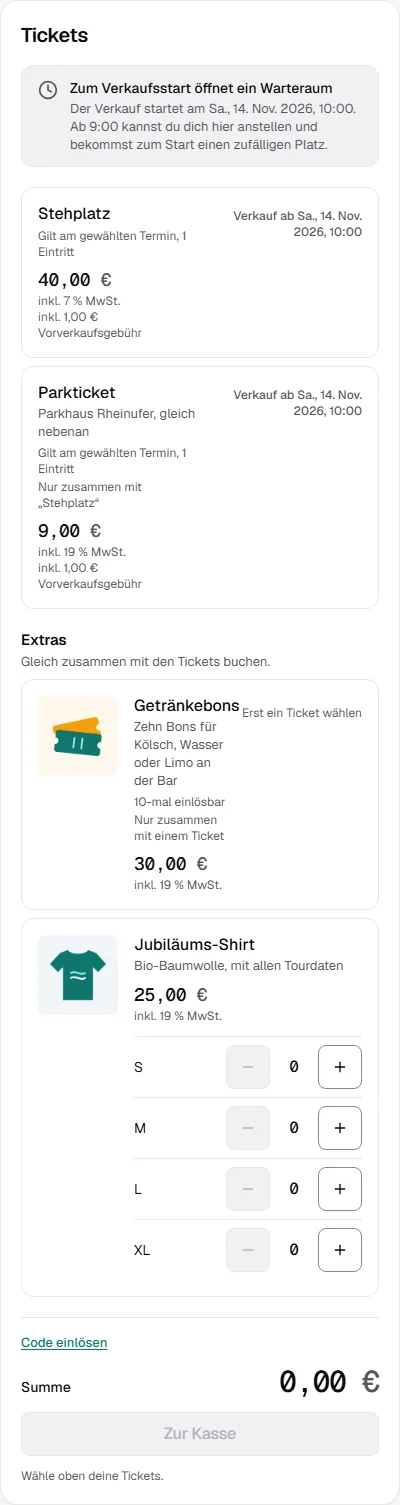 Ticketauswahl im Shop mit dem Hinweis Zum Verkaufsstart öffnet ein Warteraum, dem Datum des Starts und ab wann man sich anstellen kann