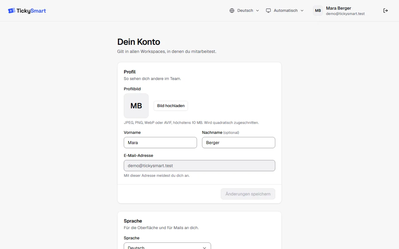 Seite Dein Konto mit Profilbild, Vorname, Nachname und E-Mail-Adresse