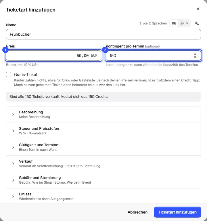 Dialog Ticketart hinzufügen mit Name, Preis, Kontingent pro Termin und weiteren Abschnitten