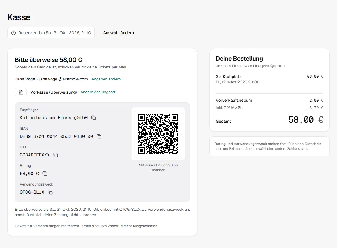Seite der Bestellung im Shop mit Betrag, Empfänger, IBAN, BIC, Verwendungszweck, GiroCode und der Zahlungsfrist
