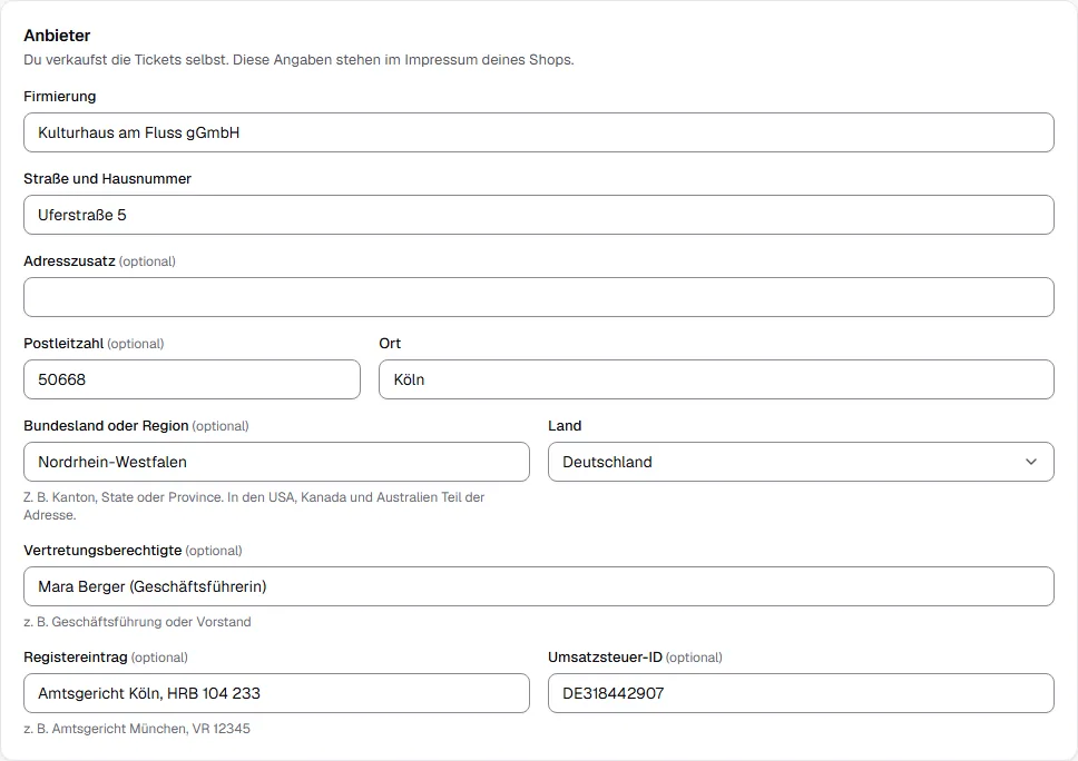 Ausgefüllte Angaben zum Anbieter mit Firmierung, Anschrift, Vertretungsberechtigten, Registereintrag und Umsatzsteuer-ID