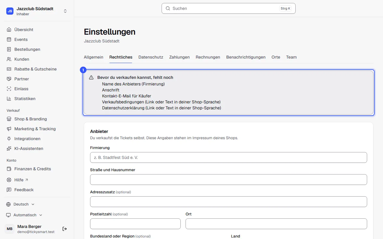 Einstellungen, Bereich Rechtliches, mit dem Hinweis, welche Angaben vor dem Verkauf noch fehlen