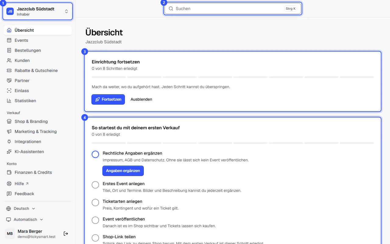Übersicht eines neuen Workspaces mit Seitenleiste, Suchfeld oben, der Karte Einrichtung fortsetzen und der Checkliste für den ersten Verkauf