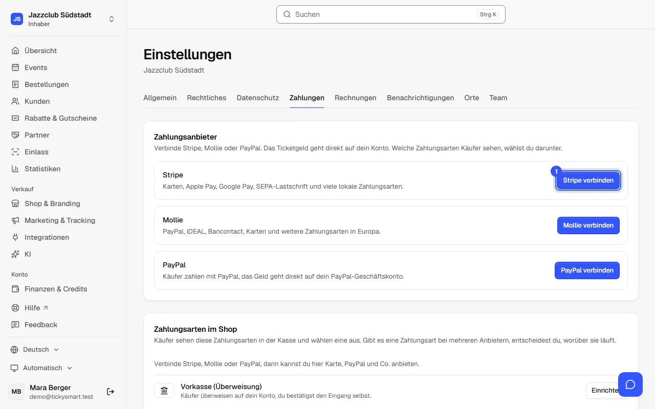 Einstellungen, Bereich Zahlungen, mit den Knöpfen Stripe verbinden, Mollie verbinden und PayPal verbinden