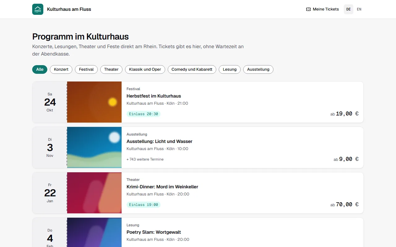 Ticketshop des Kulturhauses mit Logo, Kategorien und den kommenden Events