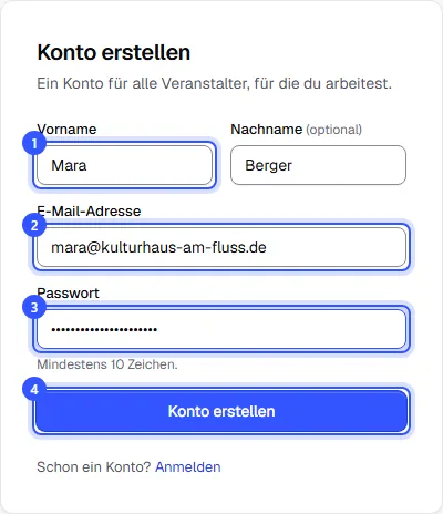 Formular zum Registrieren mit Vorname, Nachname, E-Mail-Adresse, Passwort und dem Knopf Konto erstellen