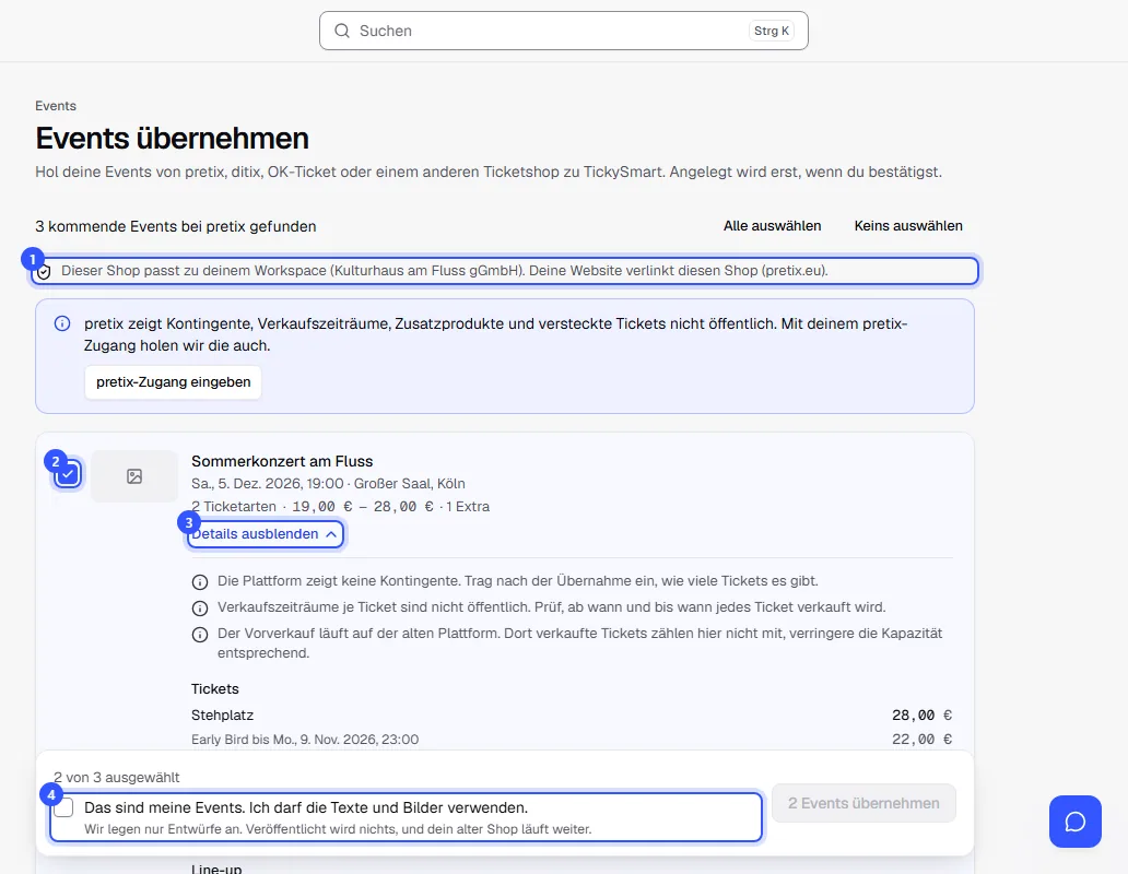 Vorschau mit gefundenen Events, Haken zum Auswählen, Ticketarten mit Preisen und Hinweisen zum Prüfen