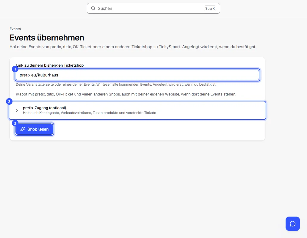 Seite Events übernehmen mit dem Feld für den Link zum bisherigen Ticketshop und dem aufklappbaren pretix-Zugang